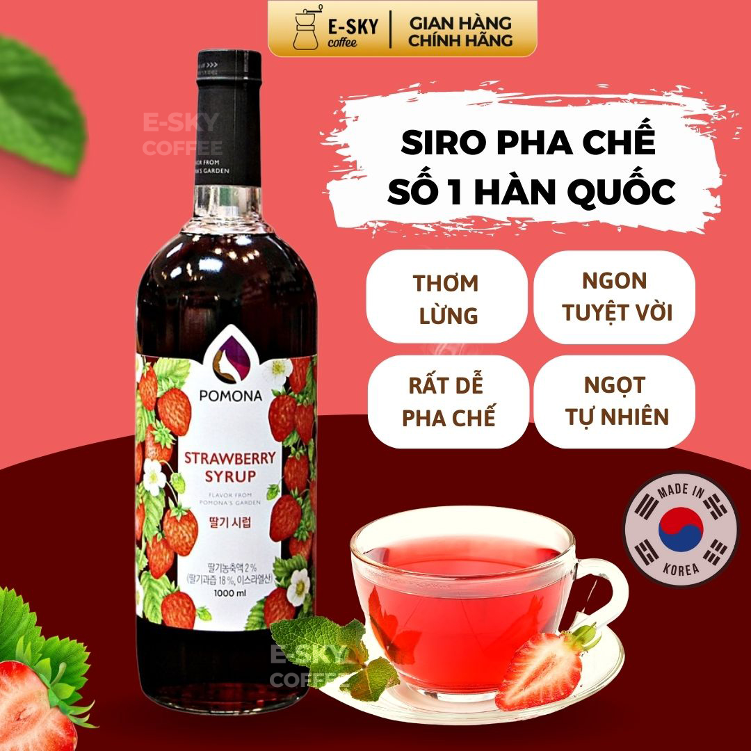 Siro Dâu Tây Pomona Strawberry Syrup Nguyên Liệu Pha Chế Hàn Quốc Chai Thủy Tinh 1 Lít