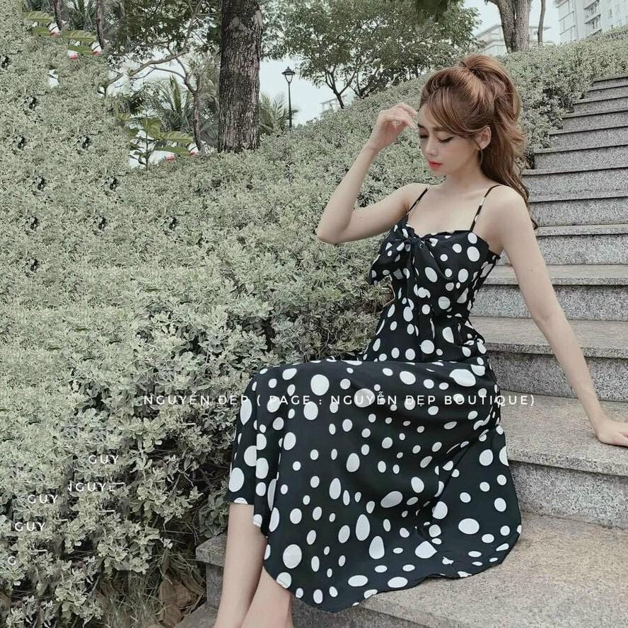 Đầm xòe nữ 2 dây chấm bi kết nơ ngực  phù hợp đi dạo, đi dự tiệc