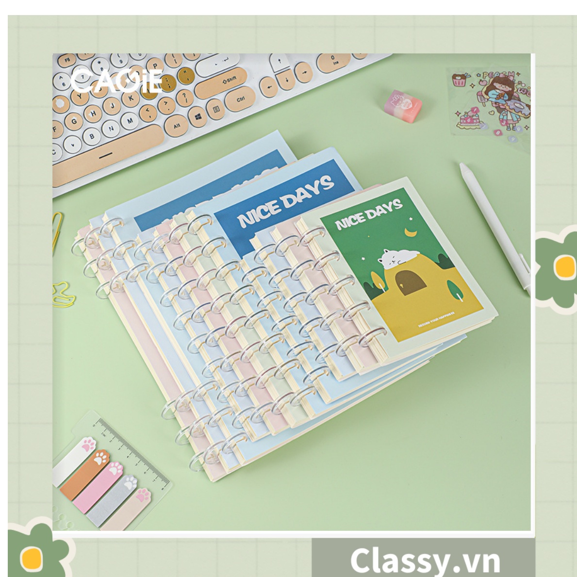 Sổ tay bìa mềm sổ lò xo có thể thay thế lõi, họa tiết vịt Gaga màu xanh, 100 trang kích thước A6 PK1797