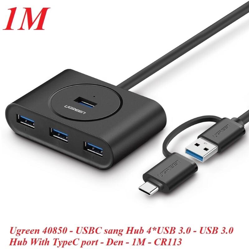 Ugreen UG40850CR113TK 1M Màu Đen Bộ chuyển đổi TYPE C sang 4 USB 3.0 + nguồn MICRO USB hỗ trợ OTG TYPE C - HÀNG CHÍNH HÃNG