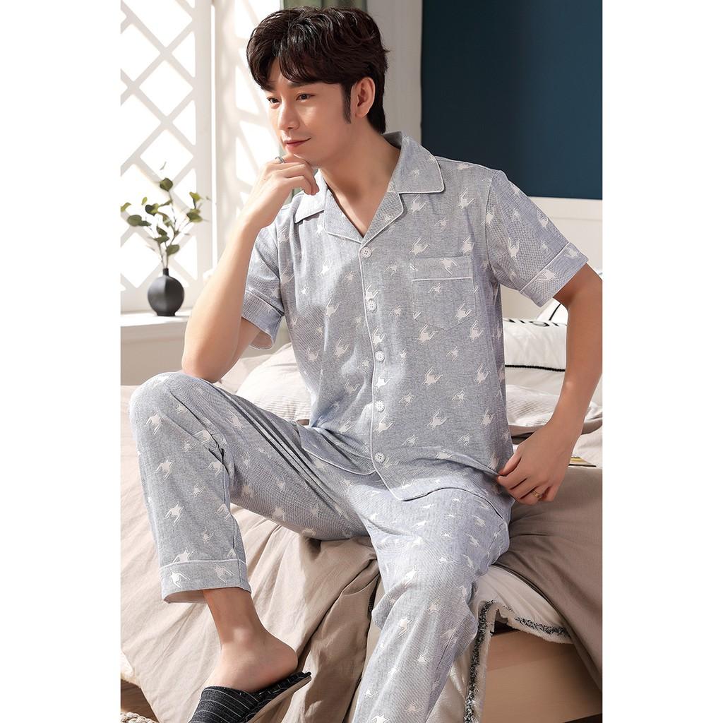 Bộ PIZAMA NAM cộc tay-Đồ bộ nam chất vải COTTON 100% dày dặn, thông thoáng, Pyjama Quảng Châu