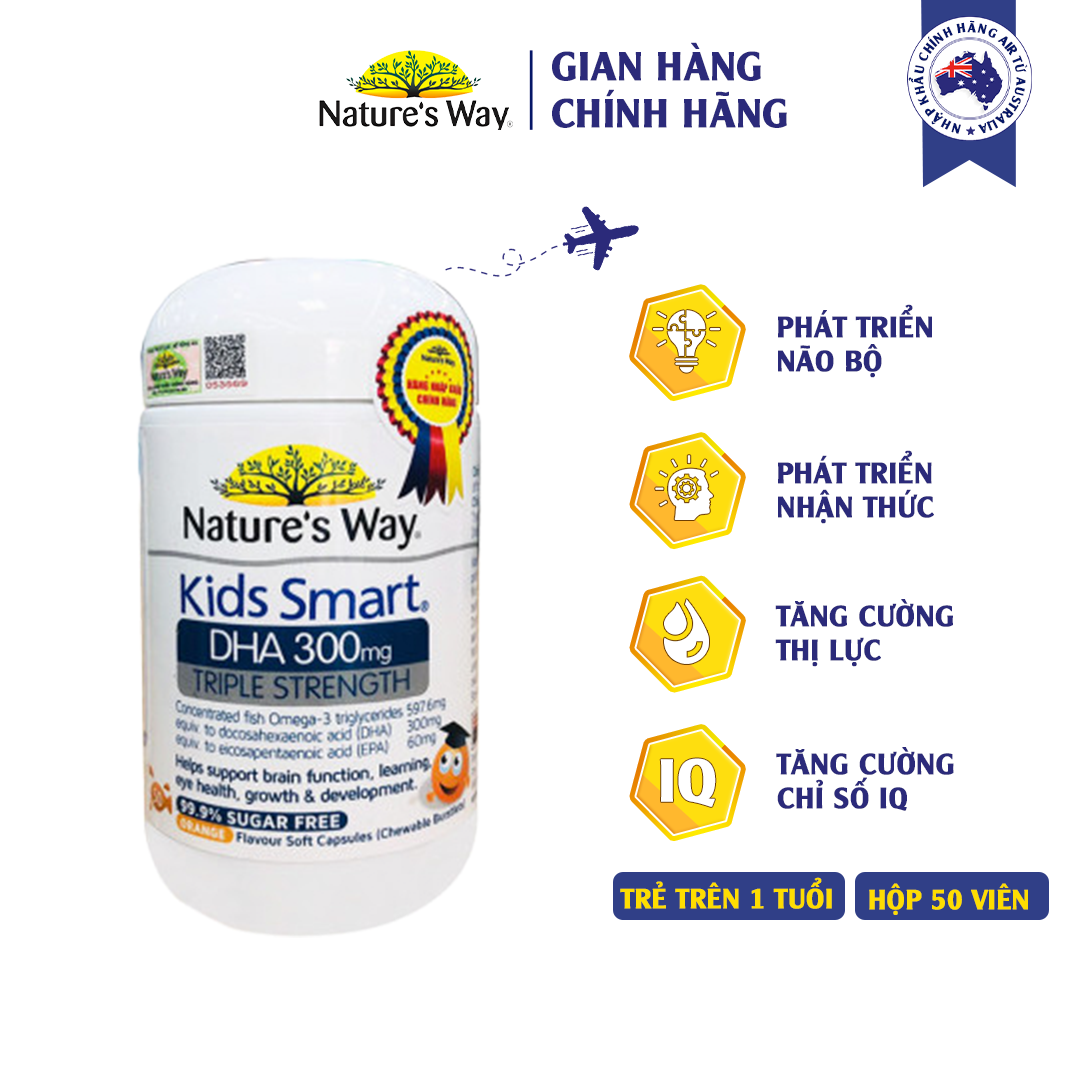 Viên Nhai Cho Bé Nature's Way Kids Smart DHA 300mg Triple Strength Tăng Cường Sự Phát Triển Toàn Diện 50 Viên