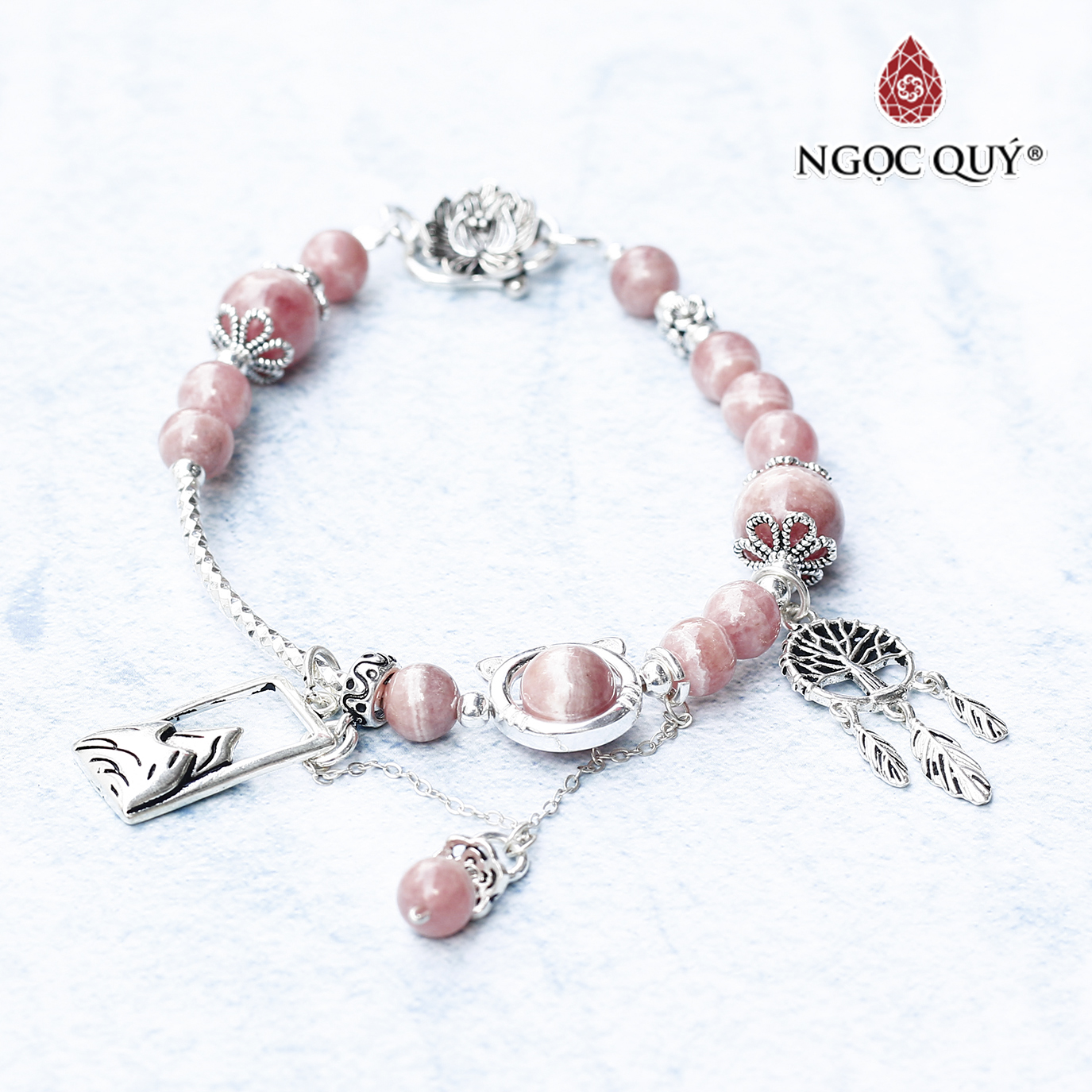 Vòng tay đá đào hoa rhodochrosite 8mm phối charm deamcatcher bạc 925 mệnh hỏa , thổ - Ngọc Quý