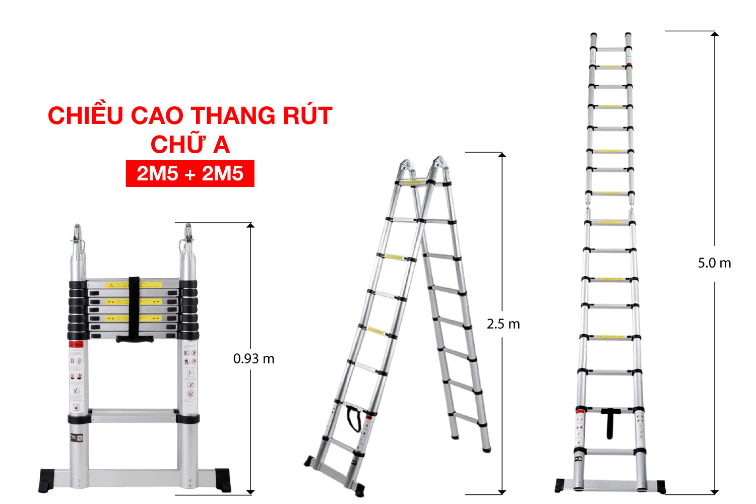 Thang Nhôm Rút chữ A cao 5 mét cao 2.5+2.5m cao cấp hàn quốc tiện lợi nhỏ gọn thang công trình gia đình chất lượng cao phù hợp nhiều loại công việc có chốt cao su an toàn nhôm T6030 đạt tiêu chuẩn châu âu