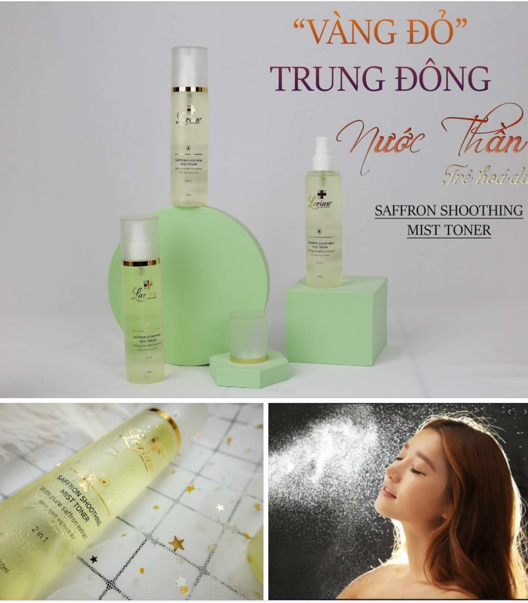 Xịt khoáng nước Hoa Hồng 2 in1 chiết xuất Nhuỵ Hoa Nghệ Tây. Larian Saffron shoothing Mist Toner. Kích thích sự trao đổi giữa các tế bào, tăng khả năng tái sinh cho làn da