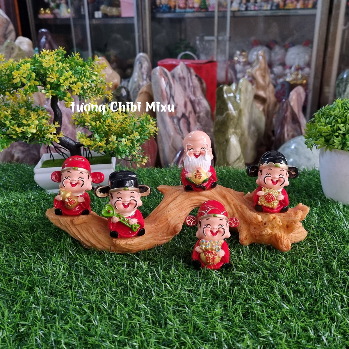 Bộ Ngũ Phúc 7cm kèm chân đế giả gỗ size nhỏ