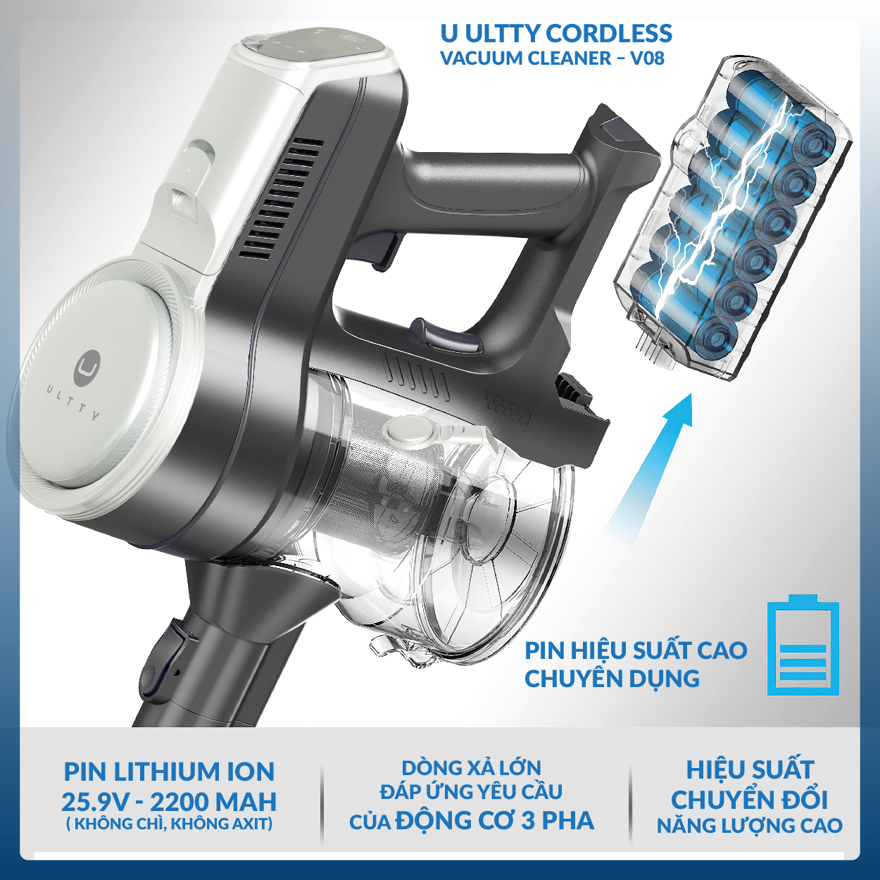 Máy hút bụi lau nhà cầm tay không dây thông minh Ultty V08 - Lực hút 24000 pascal - Hàng chính hãng