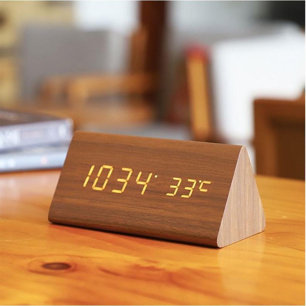 Đồng hồ điện tử để bàn led thông minh, đồng hồ đo nhiệt độ phòng điện tử bằng gỗ đèn led để bàn + Tặng Pin