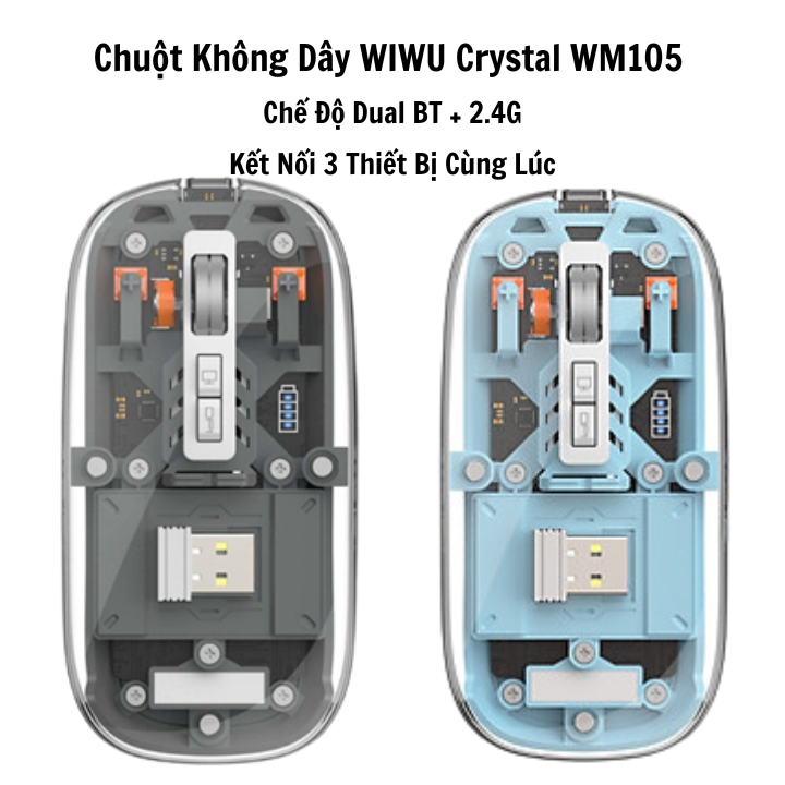 Chuột Không Dây Sothing WIWU Crystal WM105, Thiết Kế Trong Suốt Có Chế Độ Dual BT + 2.4G Kết Nối 3 Thiết Bị Cùng Lúc- Hàng Chính Hãng