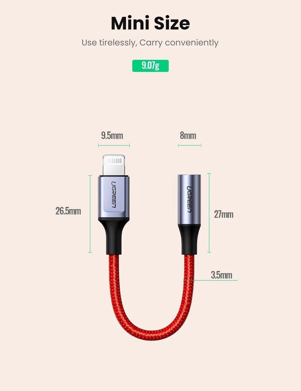 Ugreen UG70507US322TK 7cm có chipset MFI màu đỏ lightning sang 3.5mm - HÀNG CHÍNH HÃNG