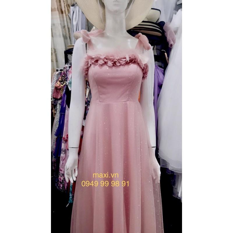 Maxi hồng lưới kim sa hai dây phối lông vũ sang trọng, dễ thương