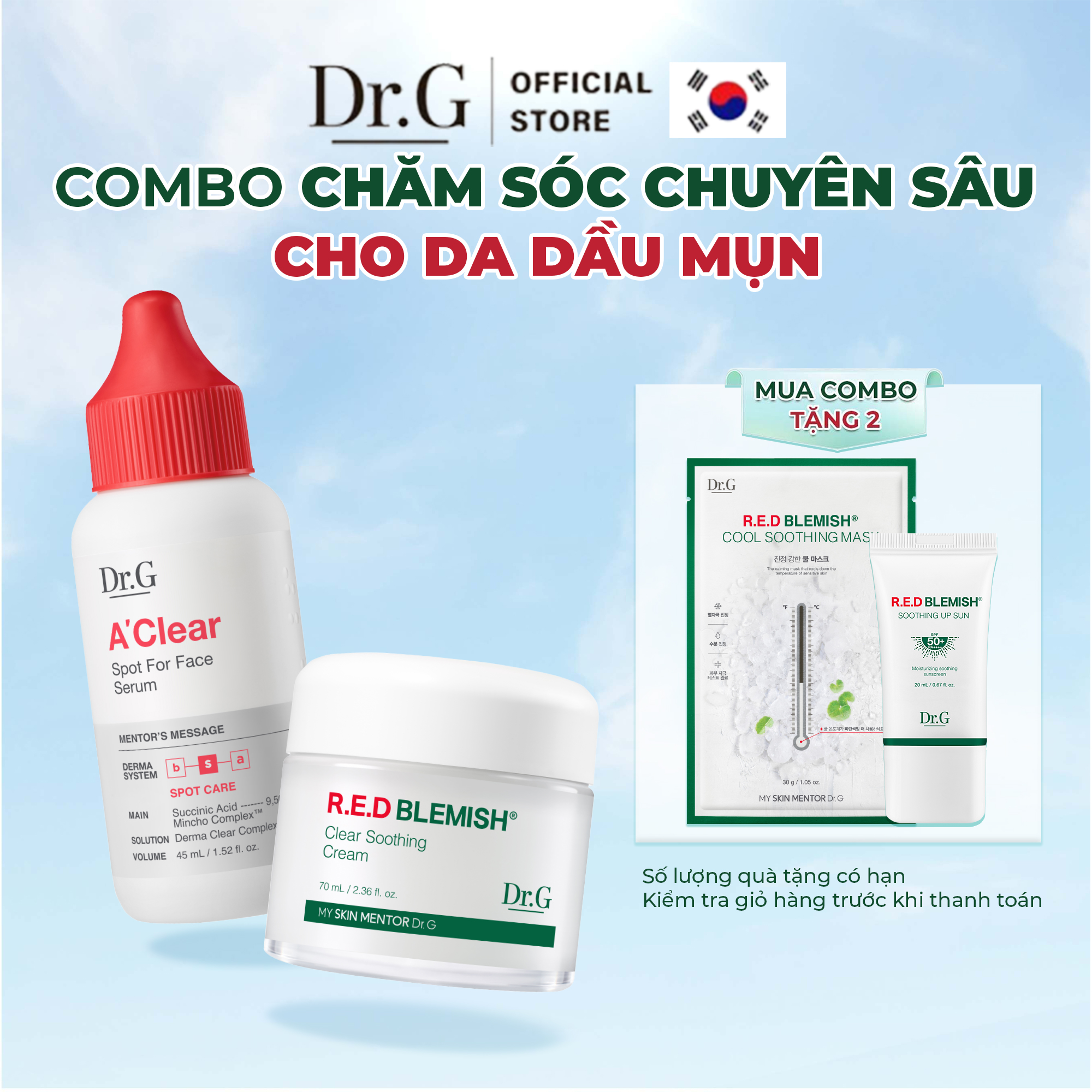 COMBO Kem dưỡng làm dịu da Dr.G R.E.D Blemish Clear Soothing Cream 70ml & Tinh chất giảm dầu, cải thiện mụn Dr.G A’Clear Spot For Face Serum 45ml