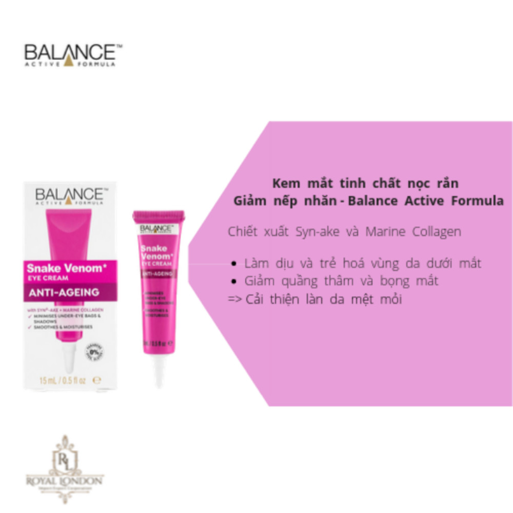 Combo Serum Chống Lão Hóa Nọc Rắn Balance Active Formula Snake Venom 30ml + kem mắt noc rắn giảm nếp nhăn, quầng thâm Balance Active Formula Snake Venom 15ml, hàng chính hãng