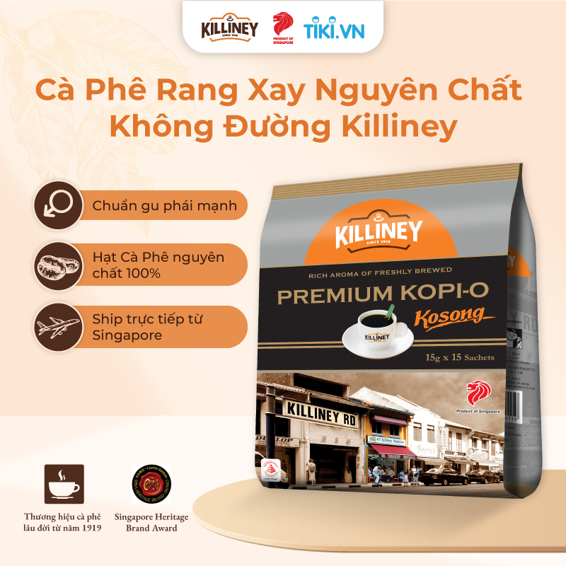 Túi 15 Gói Cà Phê Rang Xay Nguyên Chất Không Đường Cao Cấp Killiney Premium Kopi-O Kosong (15 gói x 15g)