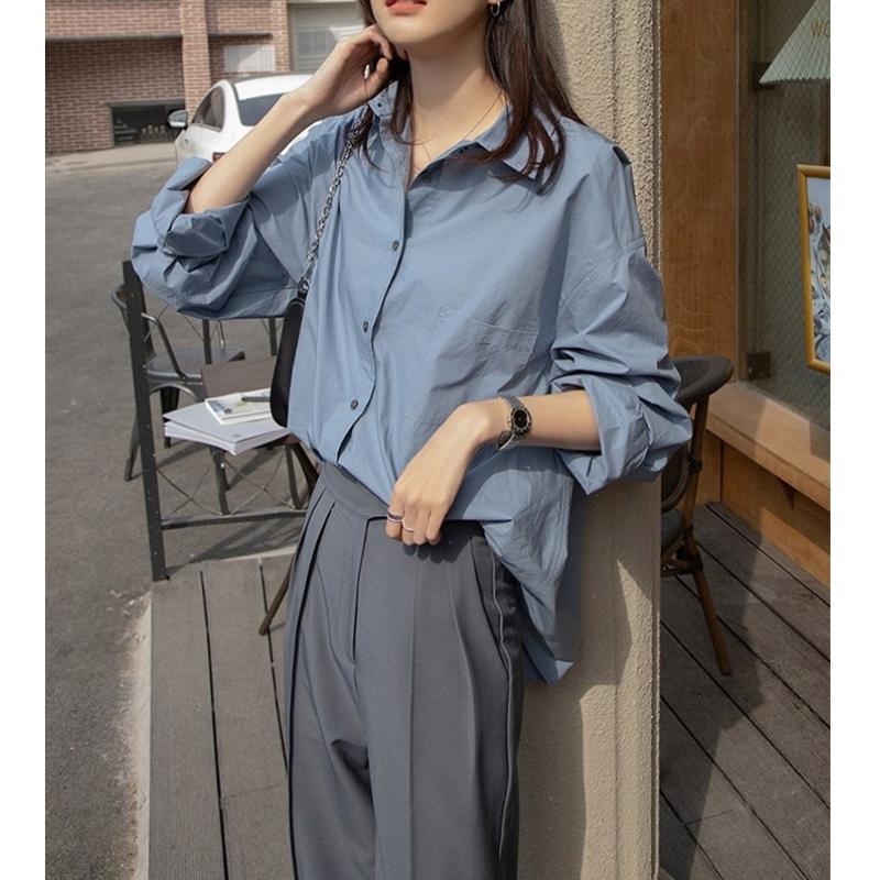 Áo sơ mi nữ tay dài, chất liệu cotton, form rộng, Áo công sở cao cấp trơn với 2 màu xanh, trắng thời trang – Kemi