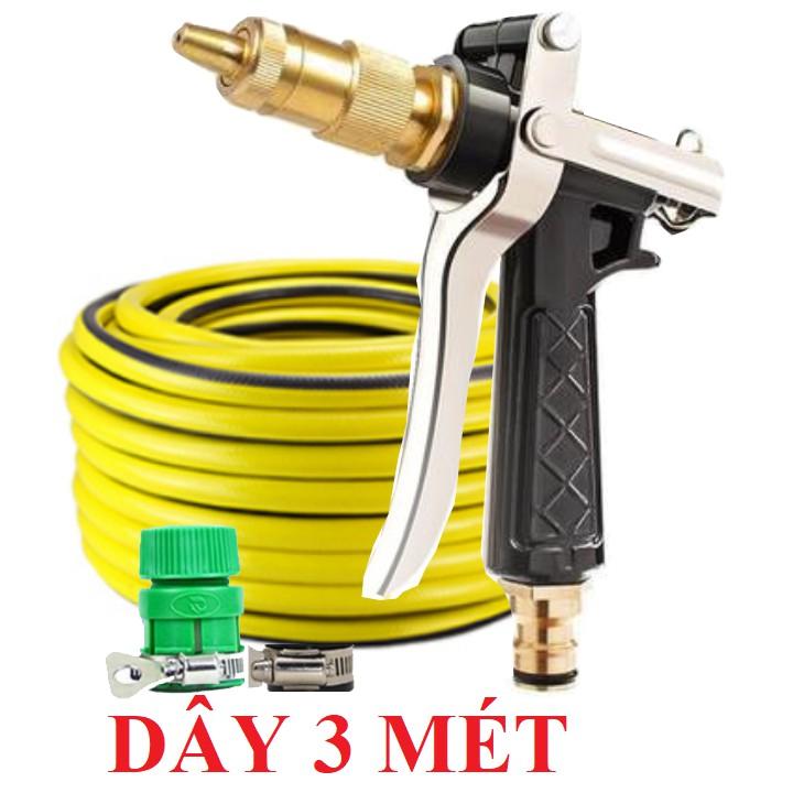 Bộ dây vòi xịt nước rửa xe, tưới cây .tăng áp 3 lần,loại 3m, 5m 206236 đầu đồng,đai,nối nhựa vàng+ tặng móc khoá