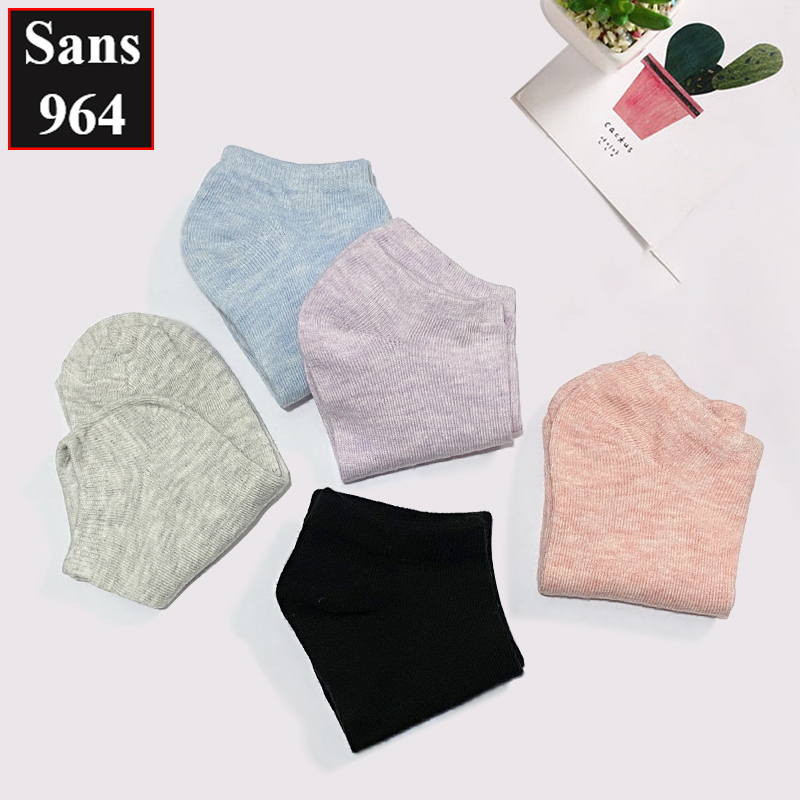 Tất vớ lười nữ trơn không cổ Sans965 hài chống tụt gót nửa bàn chân cotton mùa hè trắng đen da tím hồng cam xám xanh