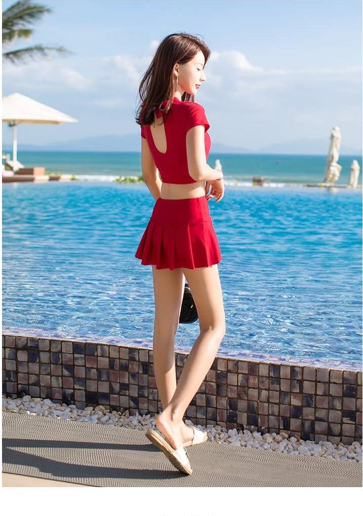 Đồ Bơi Đi Biển Nữ Kiểu Bikini Hai Mảnh Áo Cộc Tay Váy Cạp Cao Có Quần Đùi