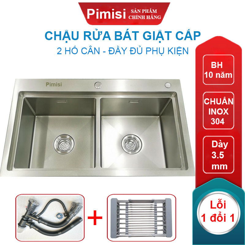 Chậu rửa bát chén inox 304 Pimisi đúc 2 hố cân kiểu 2 tầng giật cấp, kích thước bồn rửa bậc thang 78x43 và 82 x 45 cm thép không gỉ sus 304 cao cấp đầy đủ xi phông loại to và kèm rổ đựng, gắn bàn đá hoặc để kệ giá dàn bếp | Hàng chính hãng