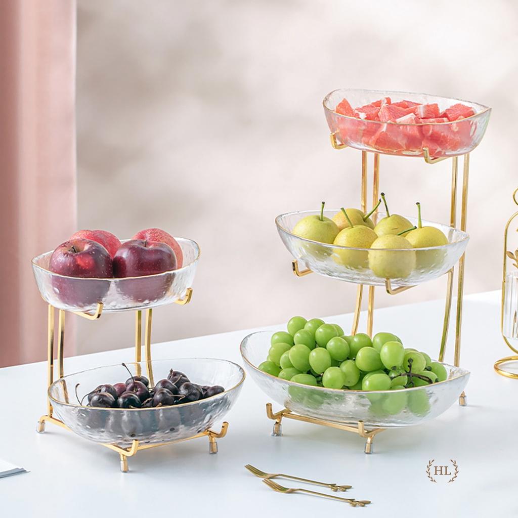 KỆ TẦNG ĐỂ HOA QUẢ, BÁNH KẸO DECOR | ĐĨA 2 TẦNG 3 TẦNG THỦY TINH VIỀN VÀNG KÈM KỆ INOX CAO CẤP HOME LUXURY DECOR 2023
