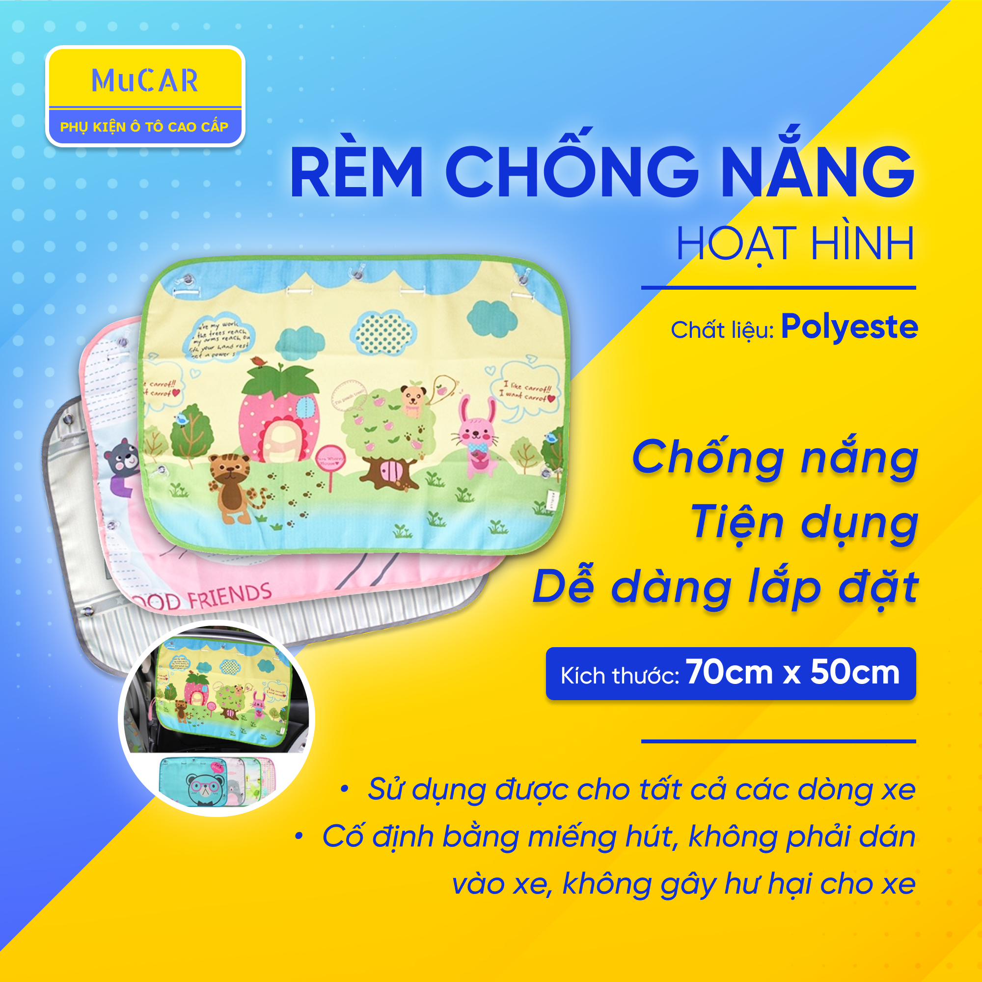 Rèm Che Nắng Kính Xe Ô Tô Cốc Hút Hoạt Hình Vui Nhộn - Nhiều Mẫu