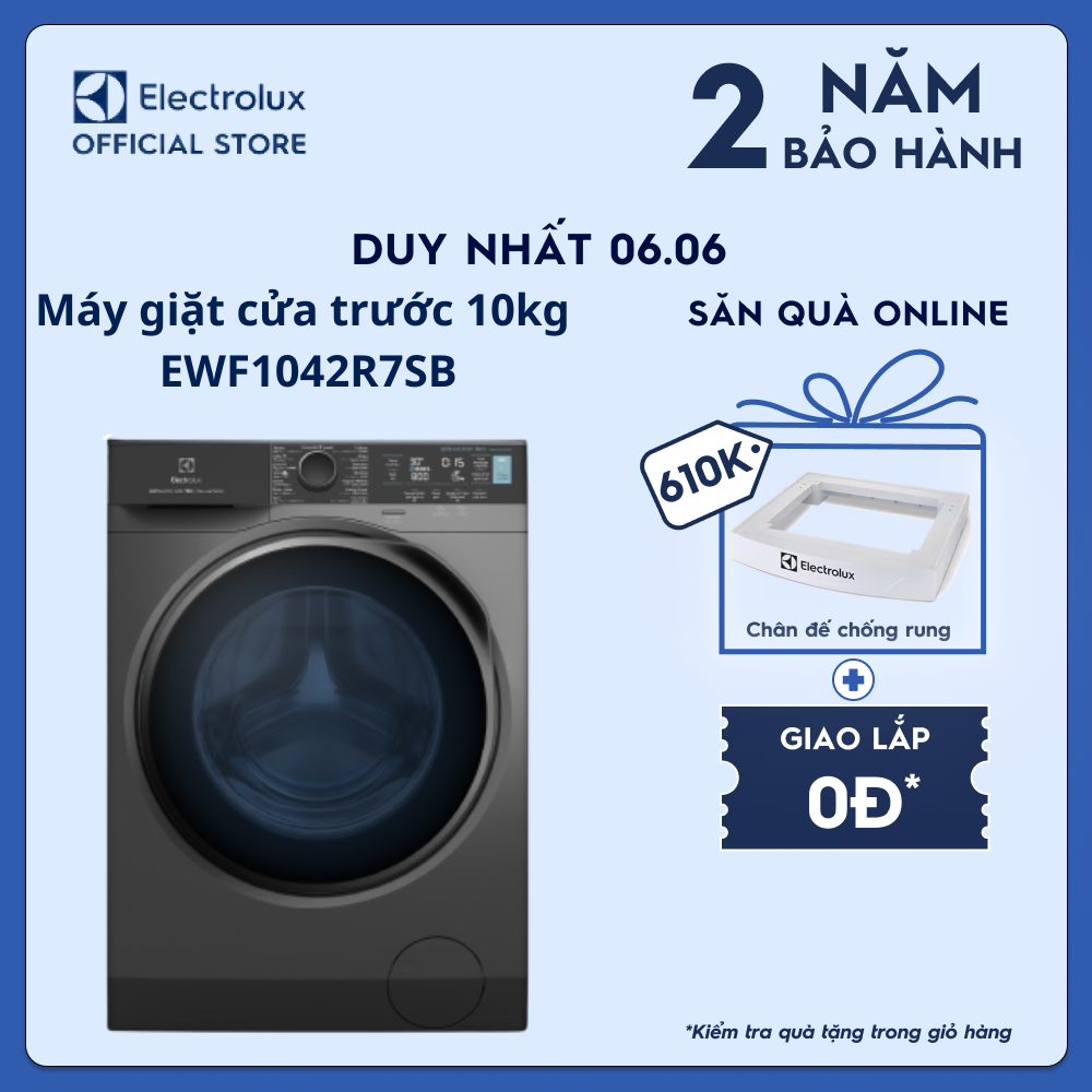 [Free Giao lắp] Máy giặt cửa trước Electrolux 10kg UltimateCare 700 - EWF1042R7SB - Loại bỏ đến 49 loại vết bẩn, không cặn giặt tẩy, giặt hơi nước diệt 99.9% vi khuẩn, kết nối Wifi [Hàng chính hãng]