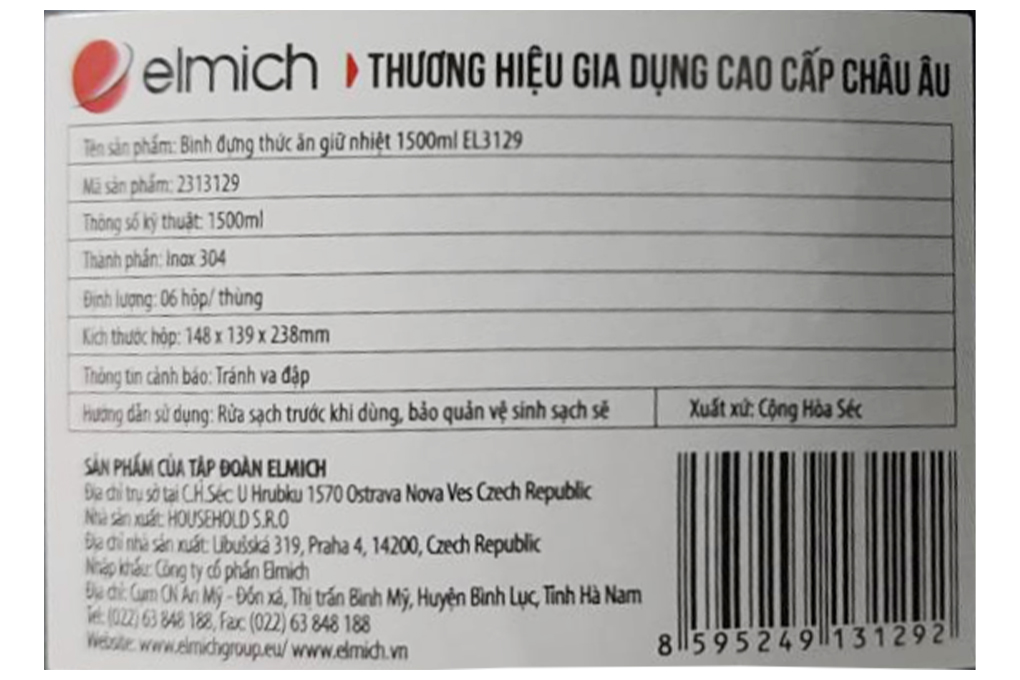 Bộ hộp đựng cơm giữ nhiệt 3 ngăn inox 304 Elmich EL3129 dung tích 1500ml kèm túi xách, xuất xứ Cộng hòa Séc - Hàng chính hãng