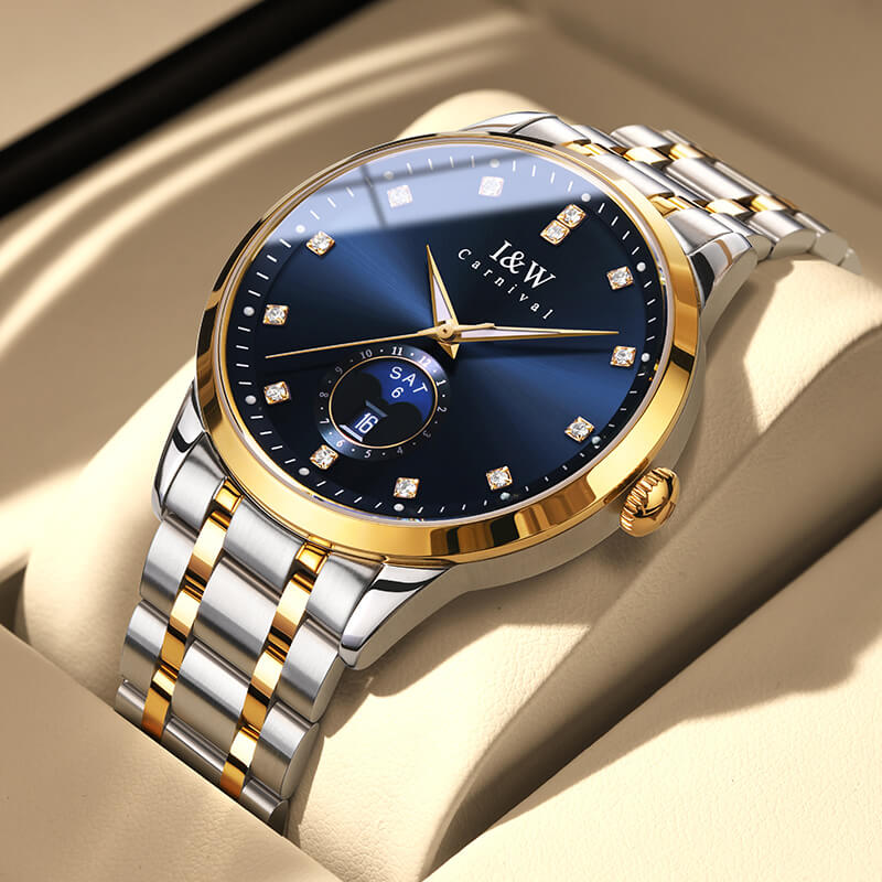 Đồng hồ nam chính hãng I&amp;W Carnival 625G-T2 hàng mới fullbox,kính sapphire,chống xước,chống nước 50m,Bh 24 tháng,máy cơ (automatic),mạ vàng dây thép không gỉ