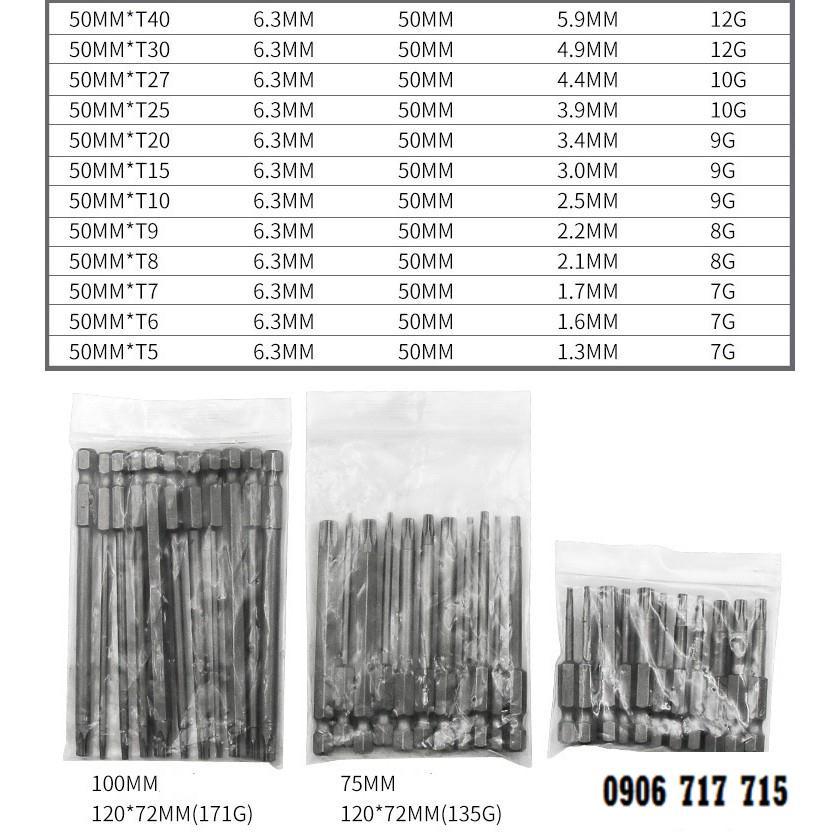 Bộ lục giác hoa thị có lỗ cho khoan dài từ 50-75-100-150mm cho khoan pin và khoan điện chất liệu thép S2 siêu cứng