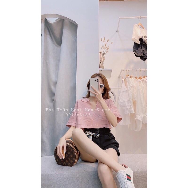 Áo len croptop cổ V tay ngắn