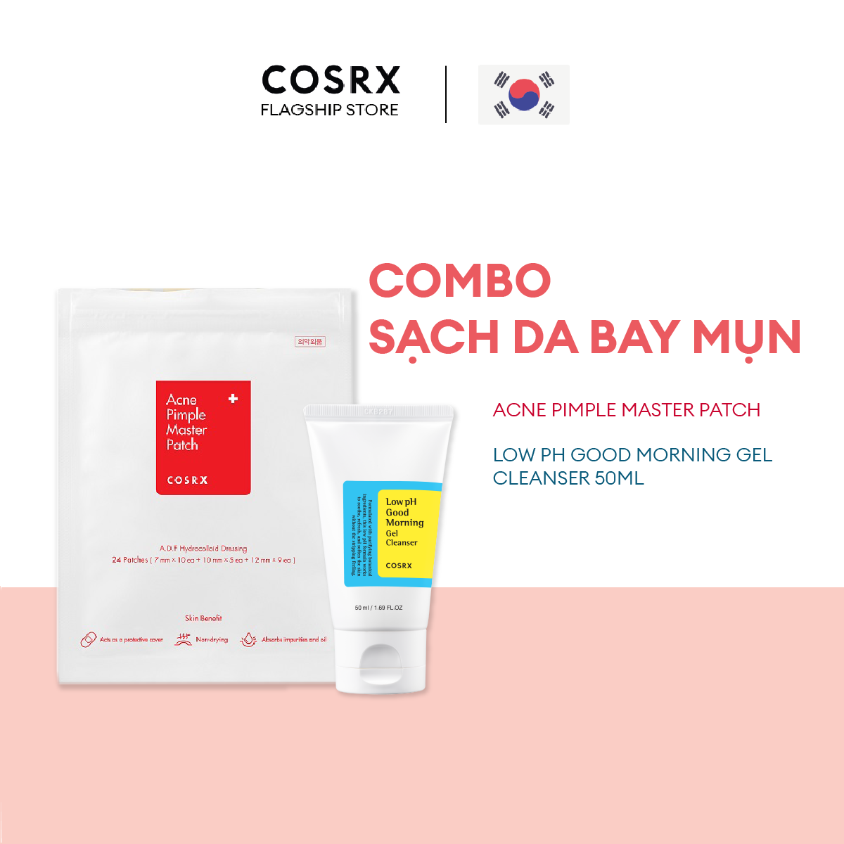 Combo Gel Rửa Mặt Tràm Trà COSRX Low pH Good Morning Gel Cleanser 50ml + Miếng Dán Mụn COSRX Acne Pimple Master Patch 24 miếng/ gói