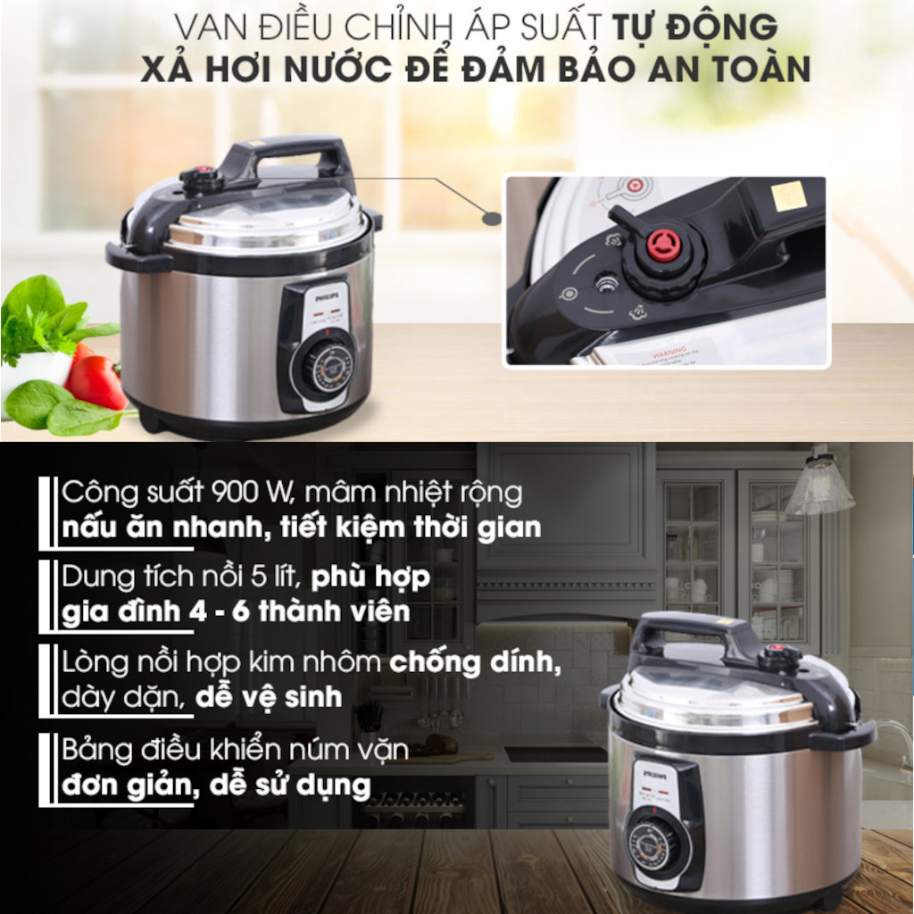 Nồi áp suất điện Philips HD2103/66 dung tích 5L, 14 chức năng nấu, chuẩn Châu Âu - Hàng chính hãng