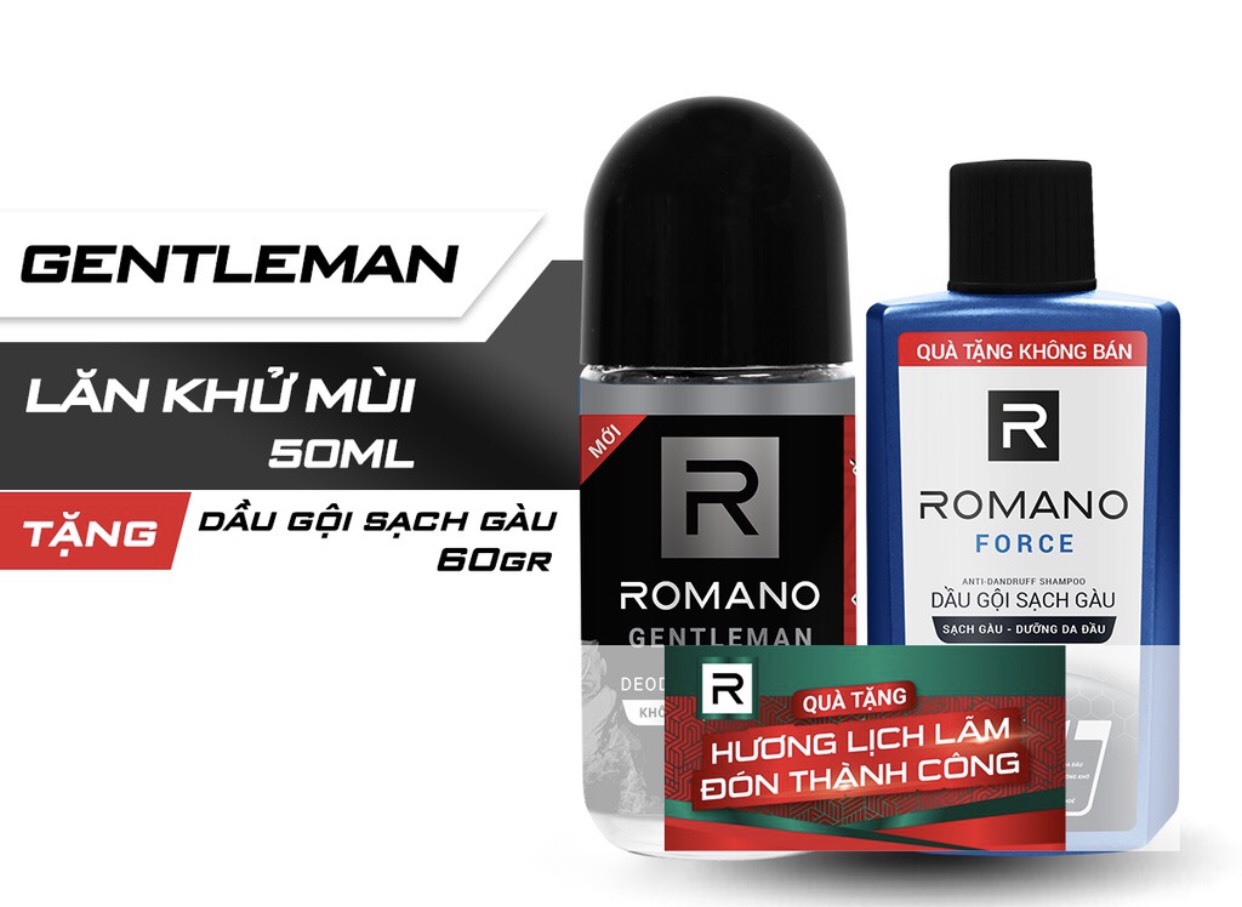 Lăn khử mùi Romano Gentleman 50ml hương lôi cuốn &amp; kháng khuẩn+Tặng kèm dầu gội sạch gàu Force 60gr