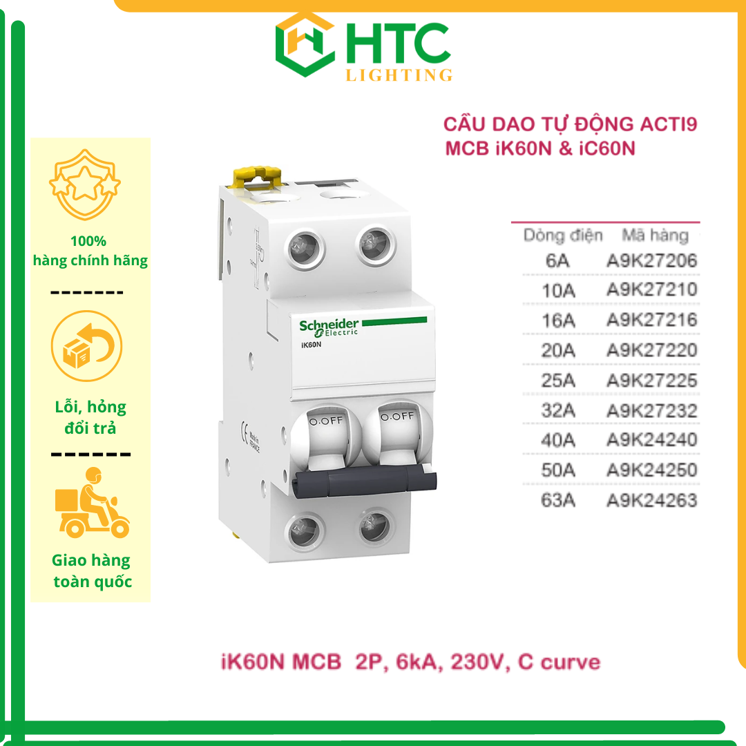 [Hàng chính hãng Schneider Electric] Cầu dao / Aptomat tự động  MCB Acti9 IK60N 2P 6kA 230V - 50A