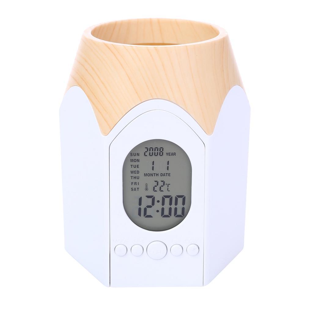 LCD Desktop Alarm Clock Calendar Pen Pencil Stationery Holder Container