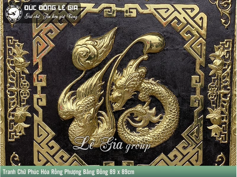 Tranh chữ Phúc hóa rồng phượng bằng đồng 89x89cm