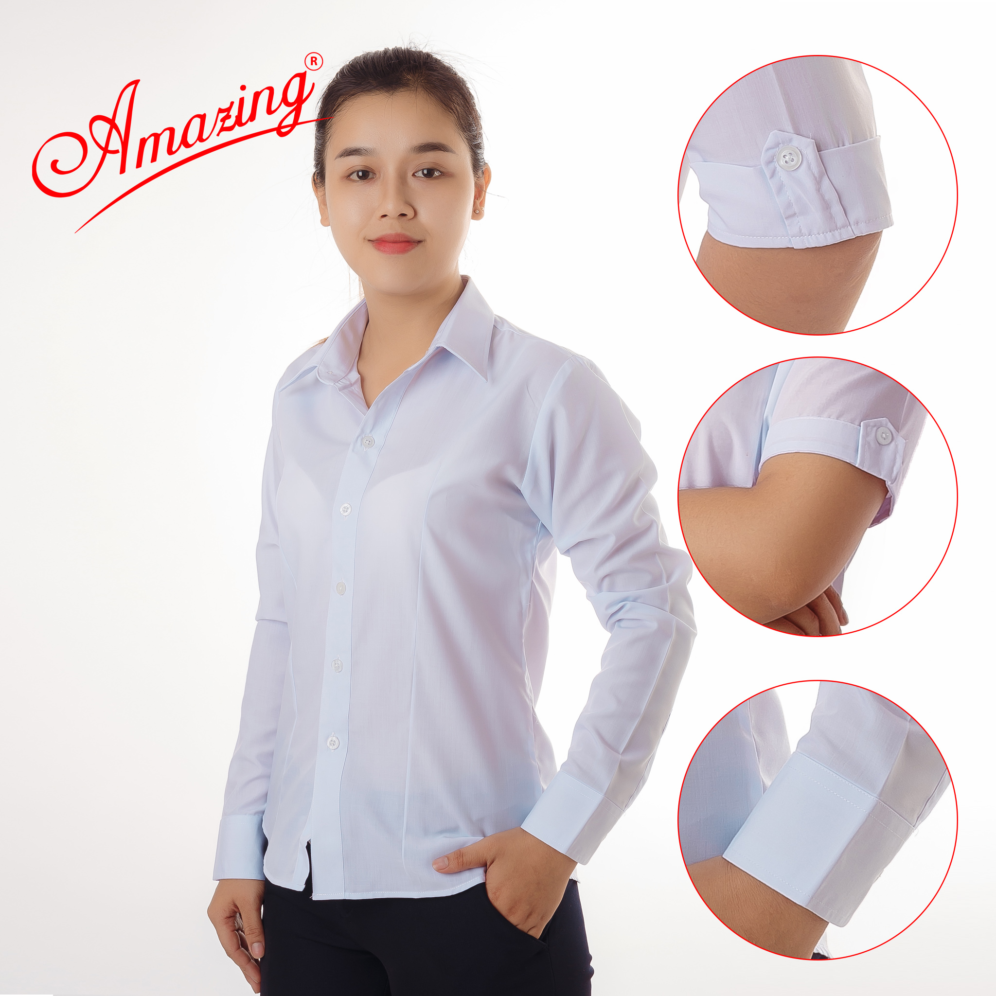 Áo sơ mi nữ Amazing, màu trắng, tay ngắn, vải KT silk, size từ 40-80kg