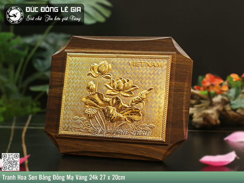 Tranh Hoa Sen Bằng Đồng Mạ Vàng 24k 27 x 20cm