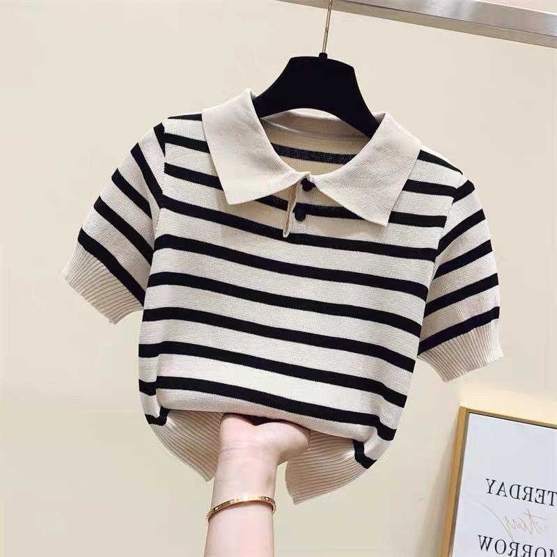 Áo len mongtoghi polo dệt kim nữ tay ngắn dáng rộng kiểu cổ bẻ kẻ sọc ngang phong cách hàn Quốc trẻ trung