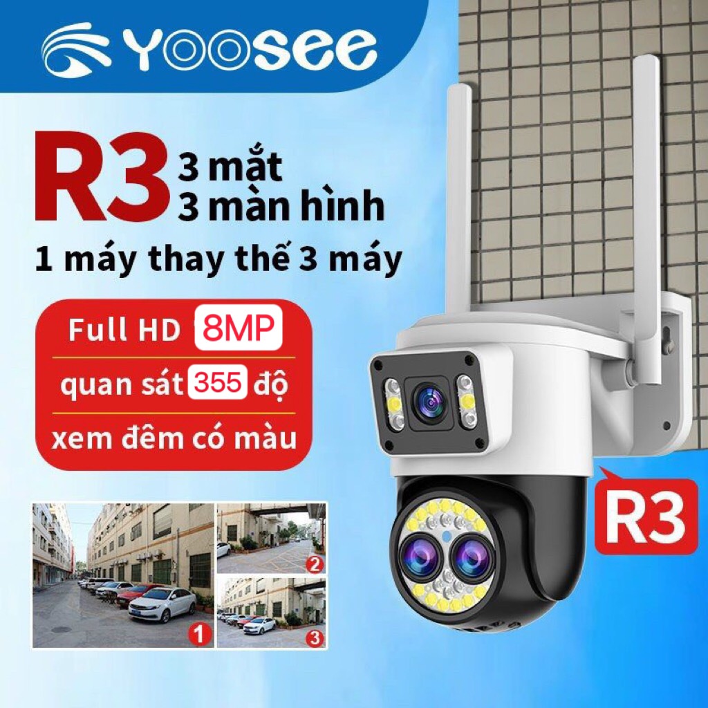 Camera IP WiFi Yoosee R3 Có 3 Mắt Ngoài Trời Xem 3 Màn Hình Cùng Lúc, Độ Phân Giải 8.0Mpx - Hàng Chính Hãng