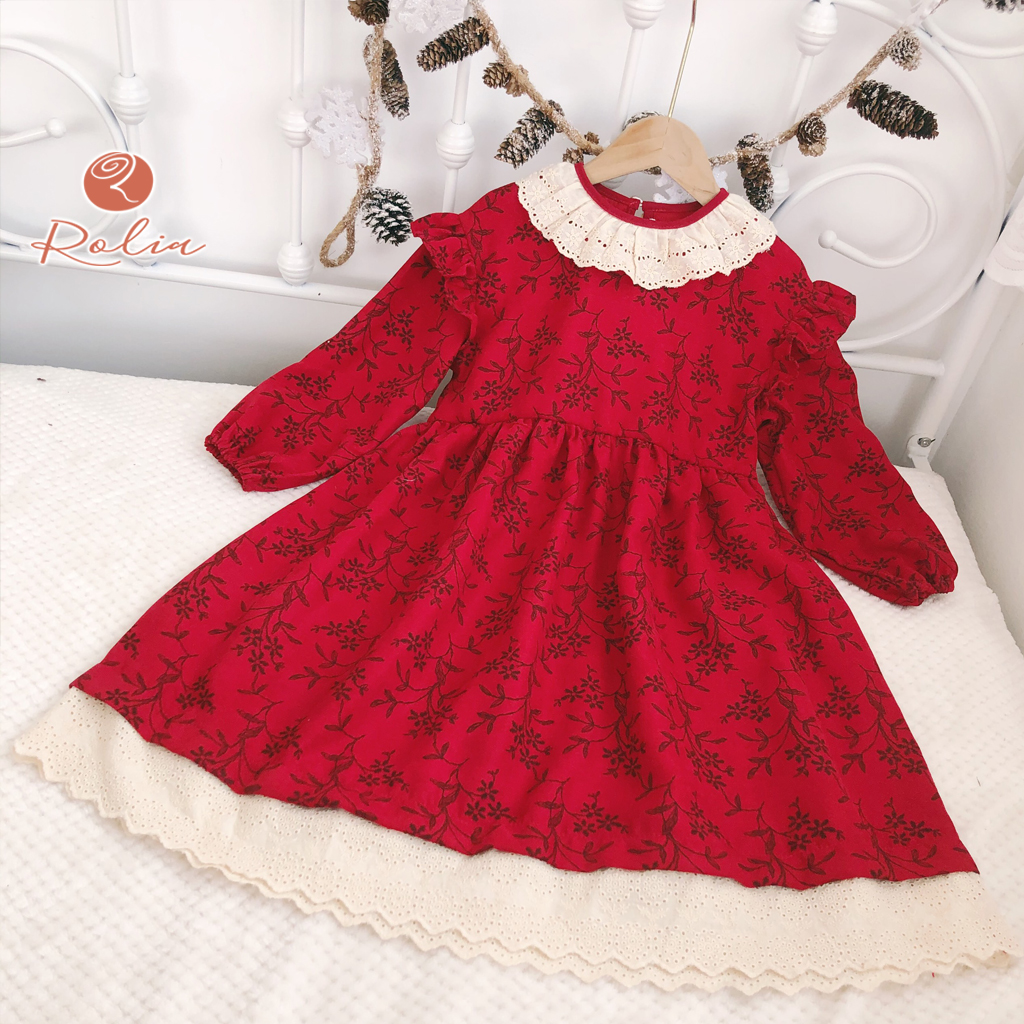 Váy nhung hoa nhí ROLIA chất nhung in hoa mặc tết cho bé gái từ 9-42kg - V48