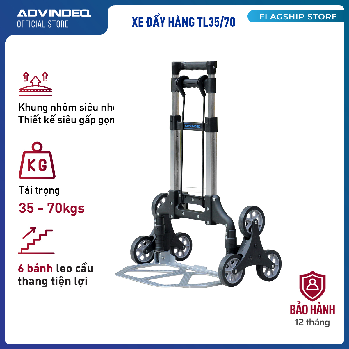 Xe Kéo Đẩy Leo Cầu Thang 6 Bánh Rút Gọn ADVINDEQ TL-35/70 (35kg) - Hàng Chính Hãng