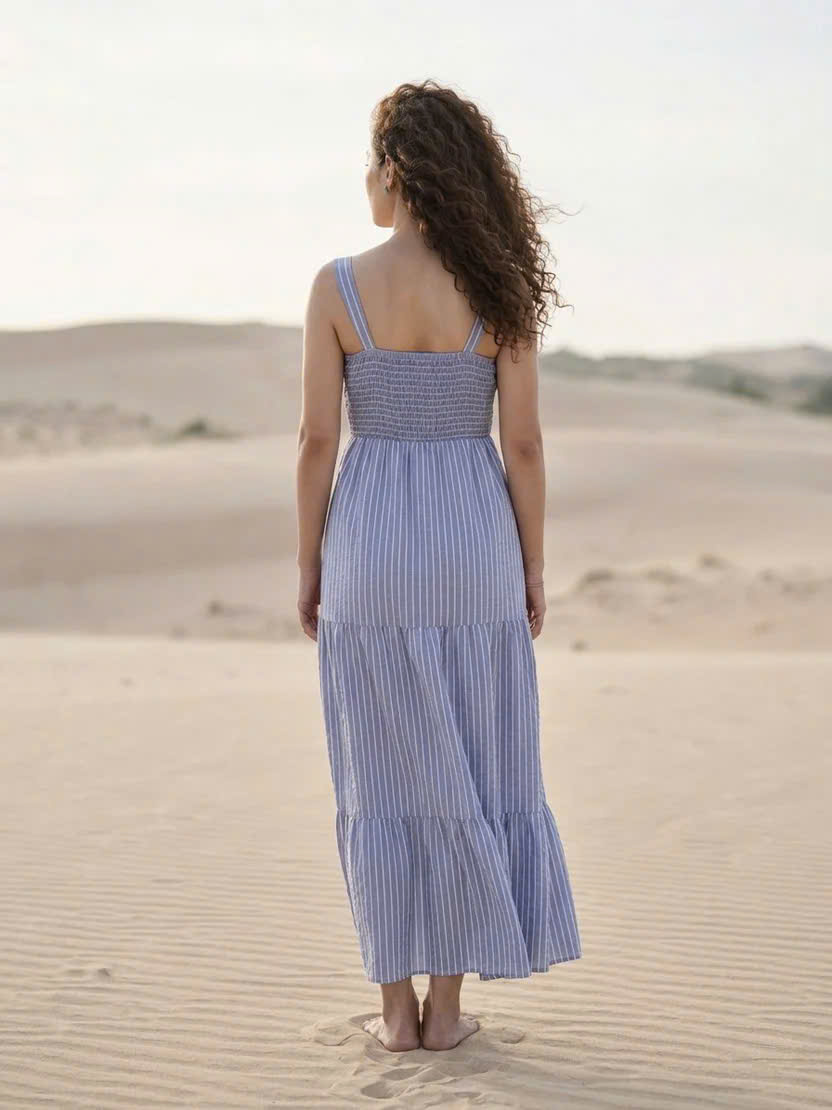 Đầm Maxi Sọc Xanh Cotton Vân Hy DRE205 Thời trang Hity