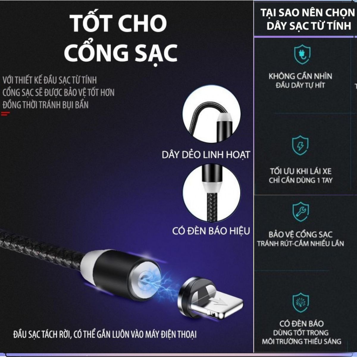 Dây Sạc Nam Châm 2A, Có 3 Đầu Xoay 360 Độ, Dây Dù Có LED Cao Cấp Dài 1m