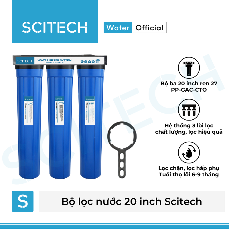 Bộ lọc nước sinh hoạt, bộ ba lọc thô 20 inch by Scitech - Hàng chính hãng