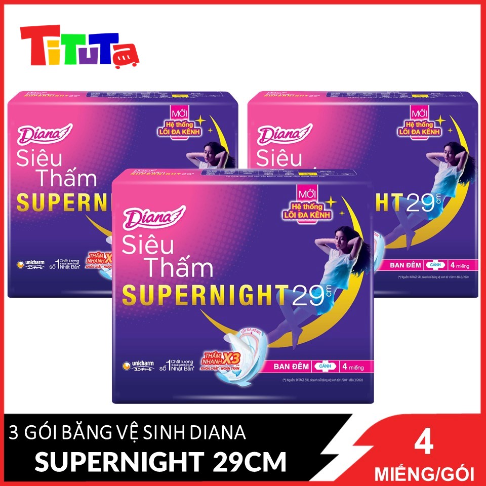 COMBO 3 Băng vệ sinh Diana Ban đêm Siêu thấm Supernight cánh 29cm 4 miếng/gói X3