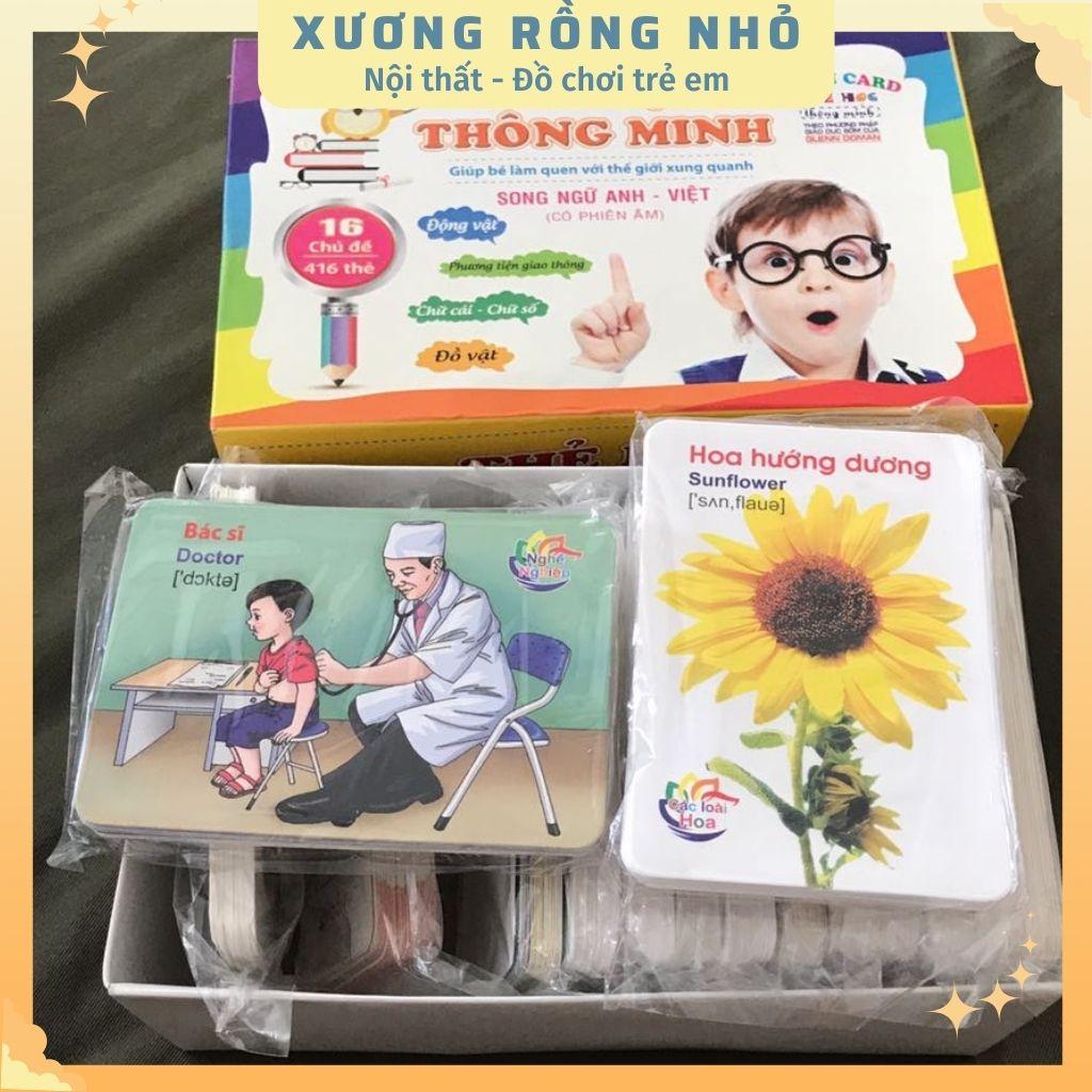 Bộ thẻ học thông minh 16 chủ đề 416 thẻ, thẻ flashcard song ngữ cho bé, thẻ hình con vật, chữ cái