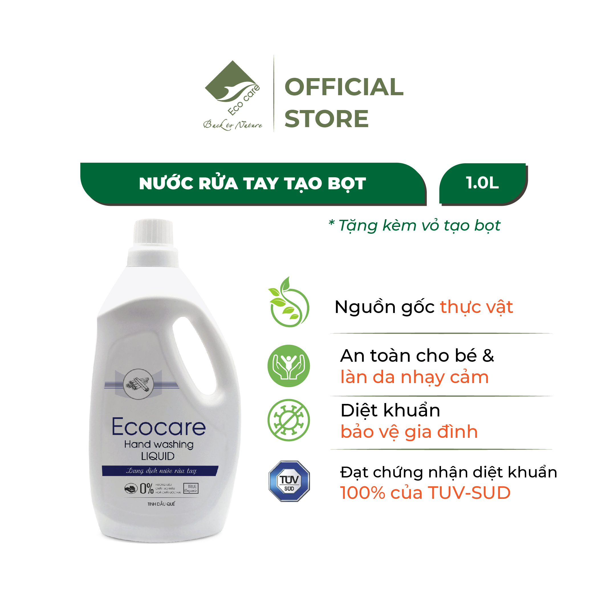 Nước rửa tay hữu cơ diệt khuẩn dạng bọt hương Quế 1000ml thương hiệu Ecocare (tặng kèm vỏ tạo bọt)