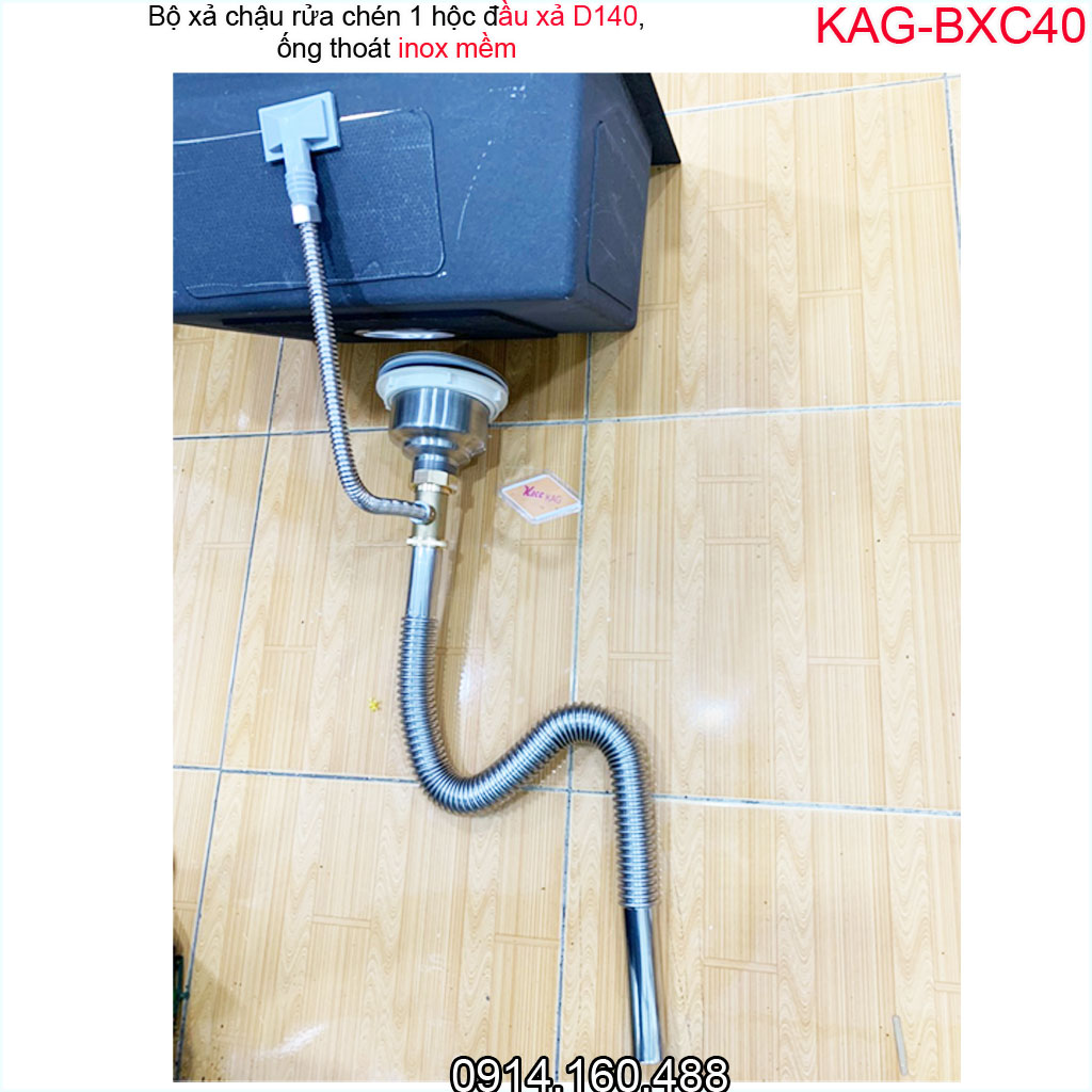 Bộ xả chậu rửa chén 1 hố inox 304 KAG-BXC40 chậu lỗ thoát D140, bộ ống thoát bồn rửa bát 1 hộc to chất liệu SUS304 siêu bền thoát nước nhanh sử dụng tốt