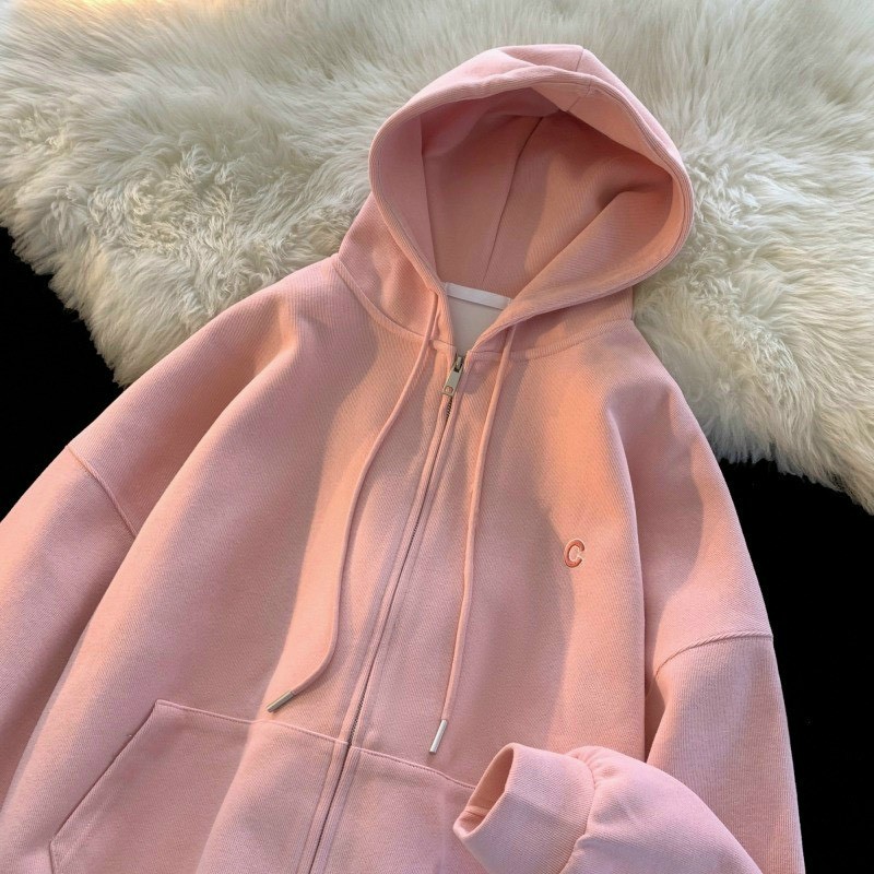 Áo khoác nỉ trơn from rộng UNISEX,áo hoodie kéo khóa OVERSIZE ulzzang màu hồng cam xám cá tính, Áo Khoác Hoodie 3 Màu Nam Nữ Ulzzang Unisex - Áo khoác nỉ mũ form rộng nỉ bông dày dặn cotton mềm mịn thêu chữ C